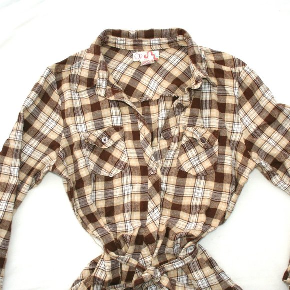 🍁CARAMEL PLAID BUTTON DOWN SHIRT SOFT FLANNEL LADIES JUNIORS XL TOP WAIST TIE - Picture 2 of 13